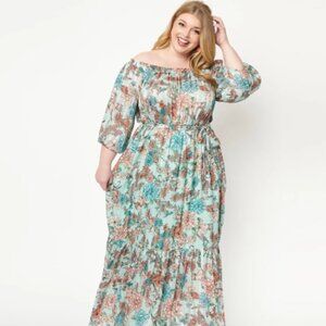 Unique Vintage Mint & Coral Floral Print Sweet Escape Maxi Dress - Size 2X